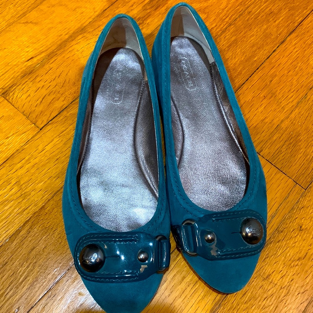 Turquoise Suede Coach Flats